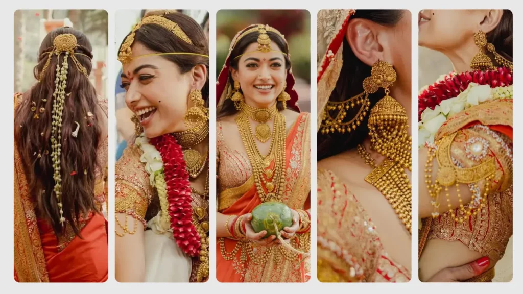 Bride in a red silk saree adorned with layered antique gold temple jewelry, intricate jhumkas, braid ornaments, and traditional South Indian wedding accessories.
