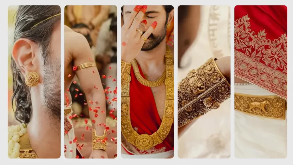 Groom in traditional attire wearing antique gold temple jewelry, including kadukkan studs, layered necklaces, armlet, and ornate royal kadas with intricate carvings.
