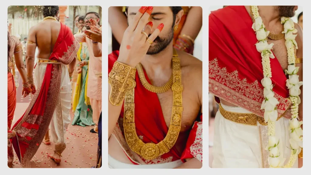 Groom in traditional South Indian wedding attire wearing a red angavastram, ivory dhoti, layered gold temple necklaces, ornate arm cuff, and floral garland during the ceremony.
