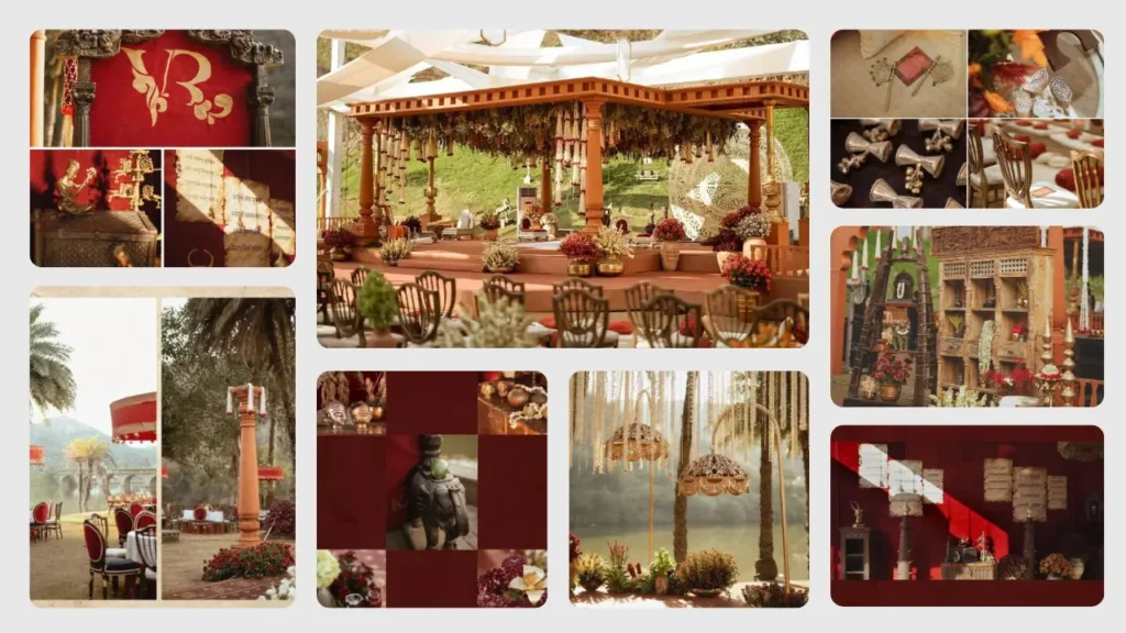 Elegant outdoor wedding mandap setup with traditional red and gold decor, floral arrangements, vintage accents, and scenic greenery backdrop.
