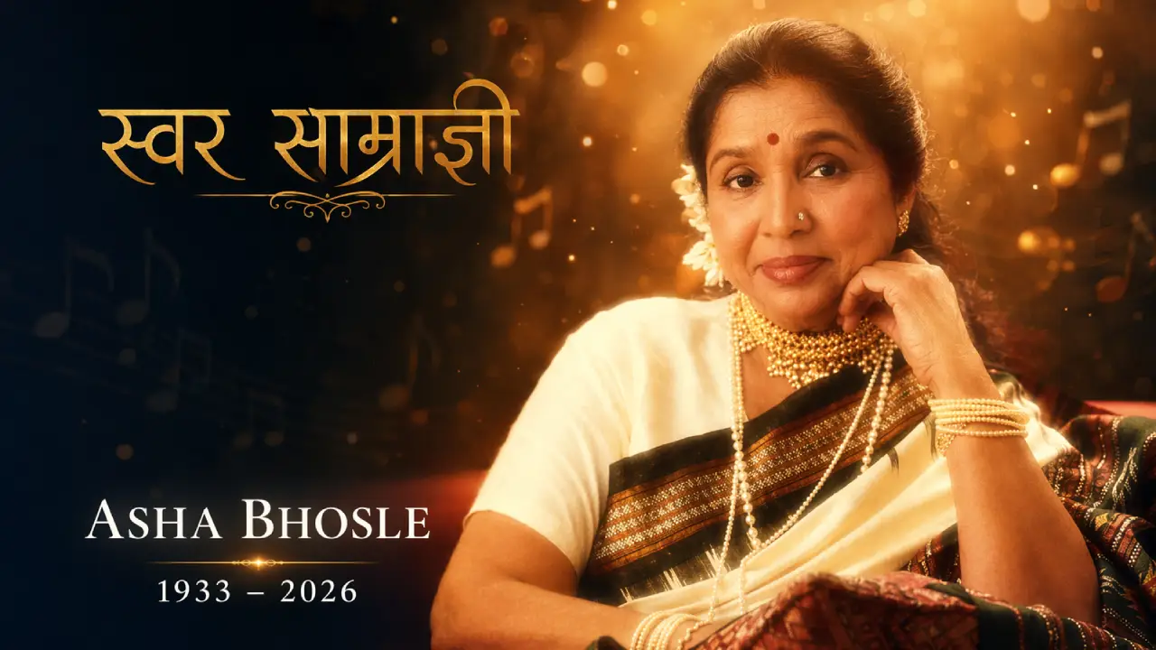 महान गायिका आशा भोसले की सुनहरी आभा वाली एक श्रद्धांजलि तस्वीर। इसमें गहरे नीले रंग की पृष्ठभूमि पर सुनहरे हिंदी अक्षरों में "स्वर साम्राज्ञी" और नीचे "ASHA BHOSLE 1933 - 2026" लिखा हुआ है। बैकग्राउंड में संगीत के सुर और चमकते हुए सुनहरे कण दिखाई दे रहे हैं।