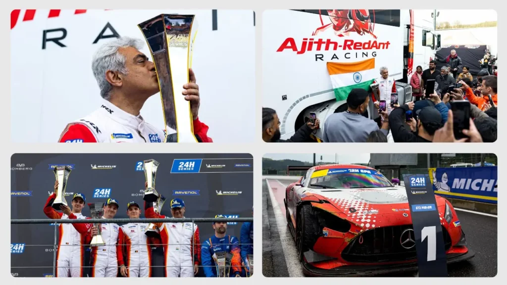 अजीत कुमार बेल्जियम Spa 24H Series में P2 ट्रॉफी चूमते हुए, 
Ajith-RedAnt Racing टीम के साथ पोडियम सेलिब्रेशन — अप्रैल 2026