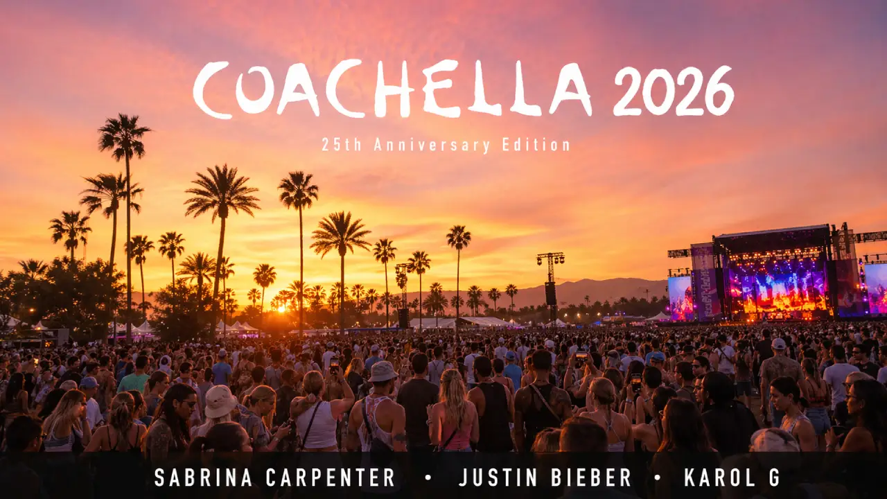 Wide-angle sunset scene at the Coachella Valley Music and Arts Festival with a massive crowd, silhouetted palm trees, glowing stage lights, and a vibrant pink-orange sky. Bold white text reads “COACHELLA 2026 – 25th Anniversary Edition,” with a lineup banner featuring Sabrina Carpenter, Justin Bieber, and Karol G.