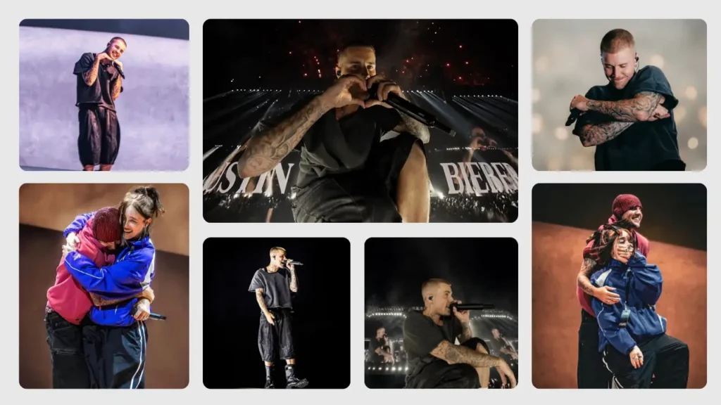 Justin Bieber performing live on stage, interacting with fans and delivering an energetic show.