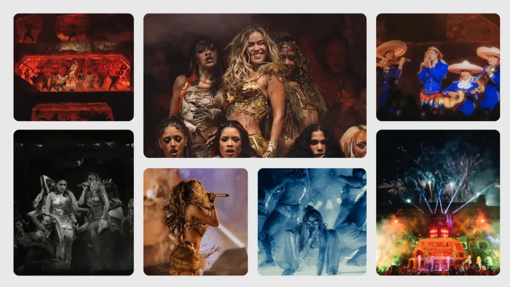 Karol G performing with dancers in a fiery, high-energy stage production.