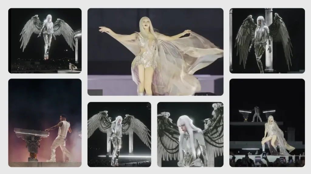 Futuristic angel-themed stage performance with metallic wings and dramatic lighting.