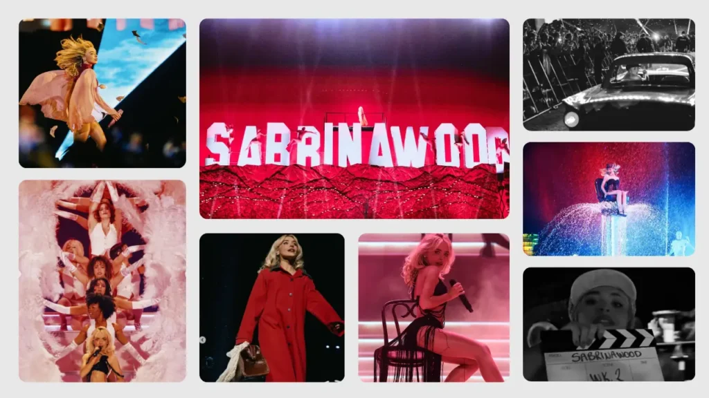 Sabrina Carpenter performing on a vibrant red stage with cinematic visuals and dancers.