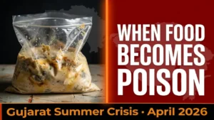 Spoiled dosa batter in a plastic bag with visible mold and discoloration beside bold warning text “When Food Becomes Poison” highlighting Gujarat summer food safety crisis.