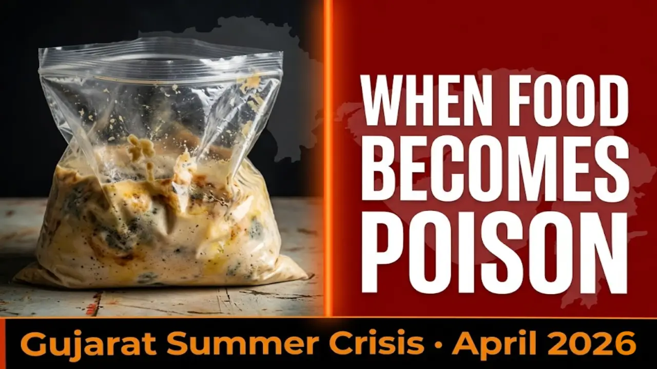 Spoiled dosa batter in a plastic bag with visible mold and discoloration beside bold warning text “When Food Becomes Poison” highlighting Gujarat summer food safety crisis.