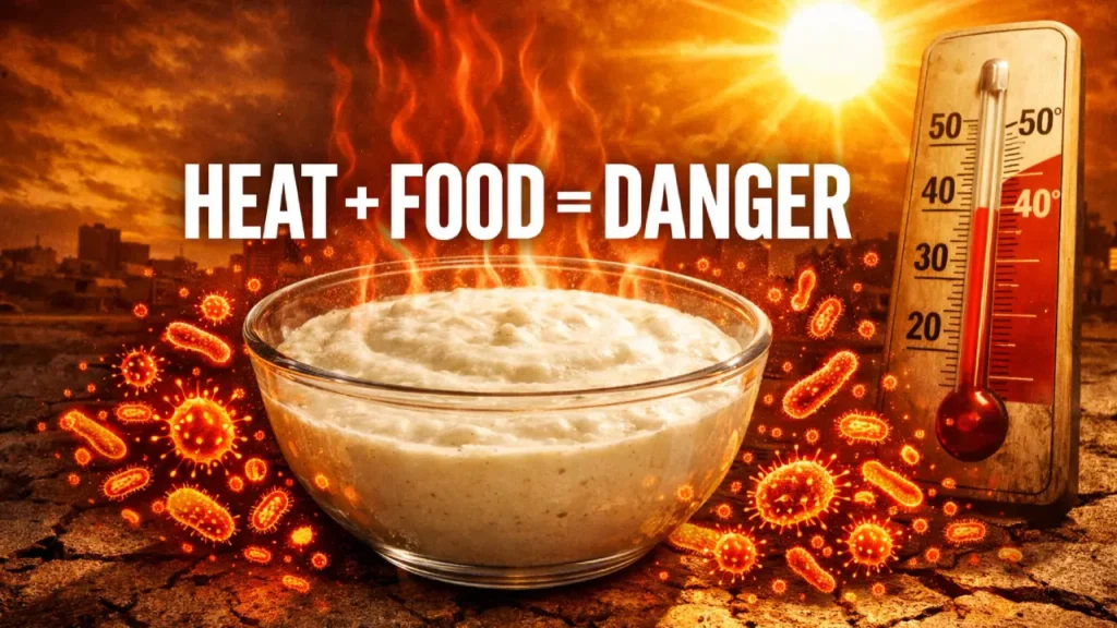 A glass bowl of dosa batter sits on cracked, sun-scorched pavement under a blazing sun, with red heat waves and glowing microbes surrounding it, alongside a thermometer above 40°C and the warning text “HEAT + FOOD = DANGER.”