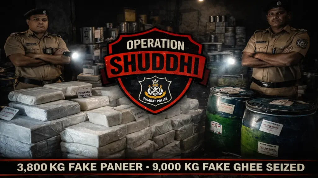 Police operation seizing large quantities of fake paneer and ghee labeled as evidence under “Operation Shuddhi” in Gujarat.
