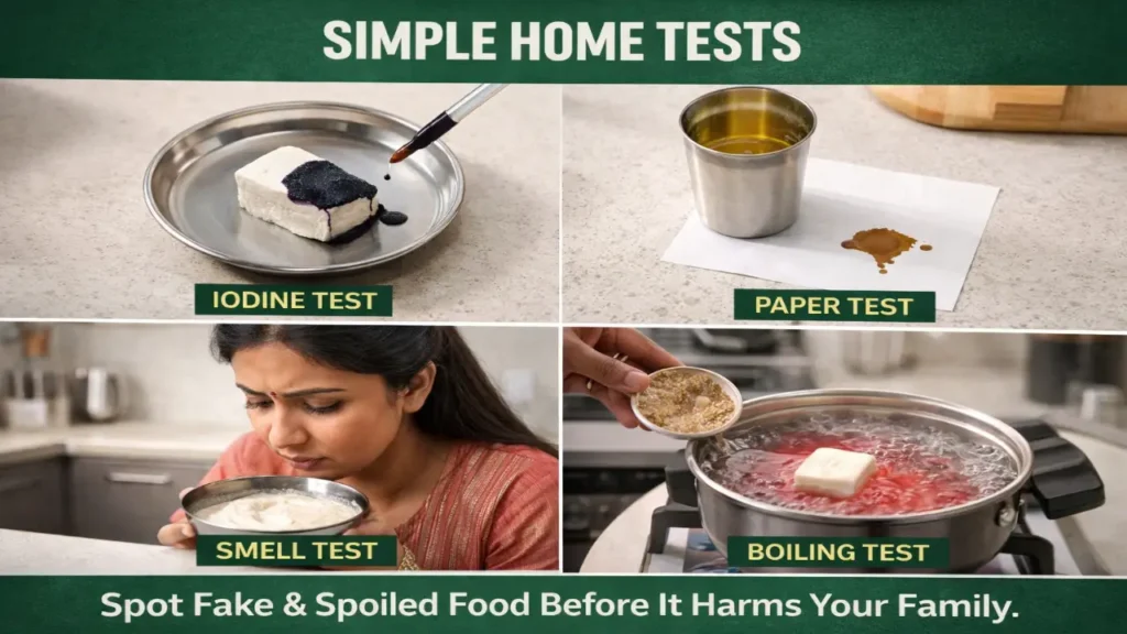 Infographic showing four simple home food safety tests—Iodine test on paneer, paper test for ghee, smell test of dosa batter, and boiling test—highlighting easy ways to detect fake or spoiled food at home.