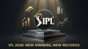 IPL 2026 लोगो के साथ सोने की छड़ें, ग्रोथ चार्ट और बिल्डिंग के आइकन — नए मालिक और नए रिकॉर्ड