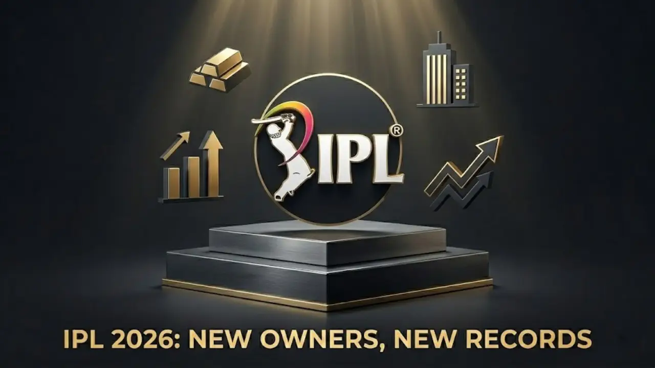 IPL 2026 लोगो के साथ सोने की छड़ें, ग्रोथ चार्ट और बिल्डिंग के आइकन — नए मालिक और नए रिकॉर्ड