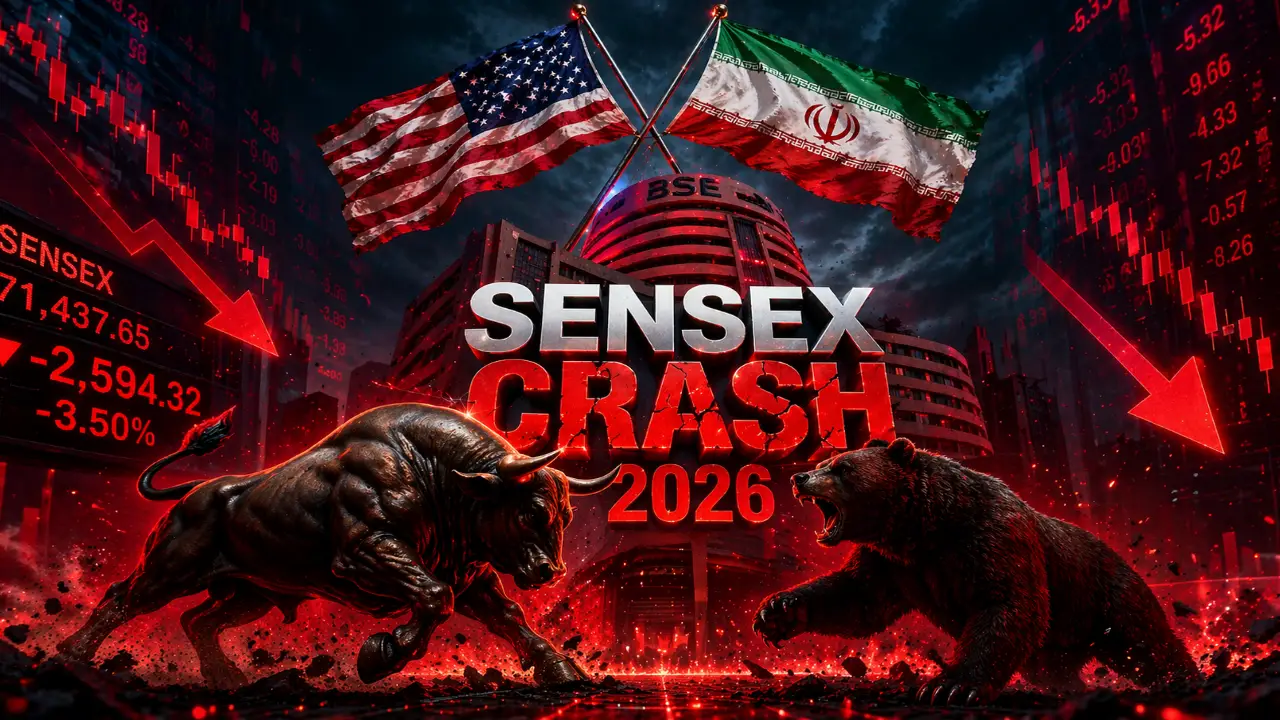A dramatic financial thumbnail showing a bull and bear clashing in front of the BSE building, with US and Iran flags crossed above and red falling market numbers surrounding the text "Sensex Crash 2026."