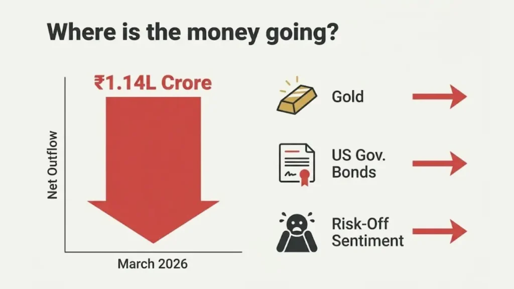 Infographic showing FII net outflow of ₹1.14L Crore in March 2026, with money moving toward Gold, US Government Bonds, and Risk-Off Sentiment.