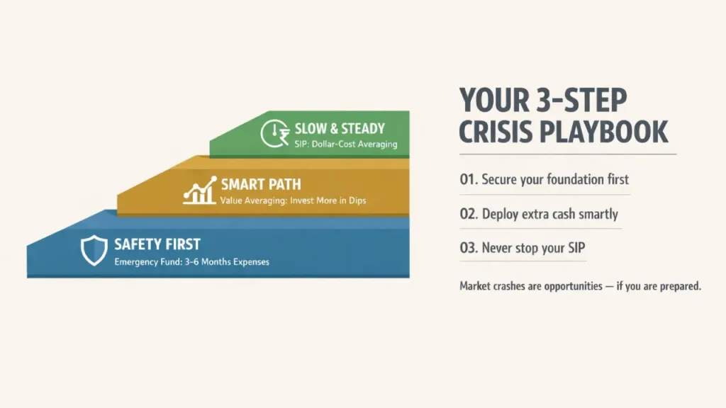 A three-tier staircase infographic showing a retail investor's crisis playbook — Safety First at the base, Smart Path in the middle, and Slow & Steady at the top.