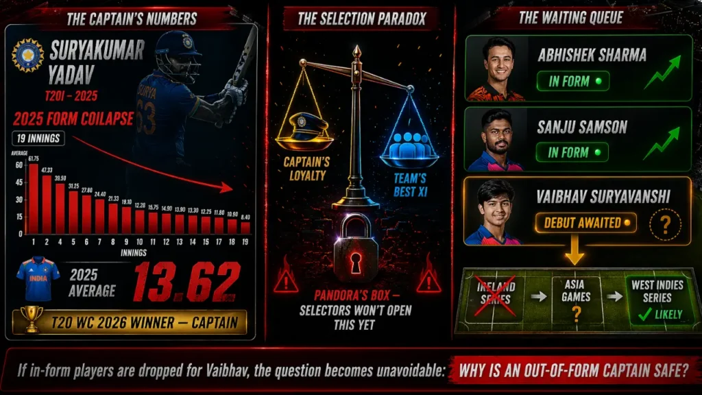 Cricket infographic showing Suryakumar Yadav’s poor 2025 form, selection debate, and emerging players waiting for opportunities.”