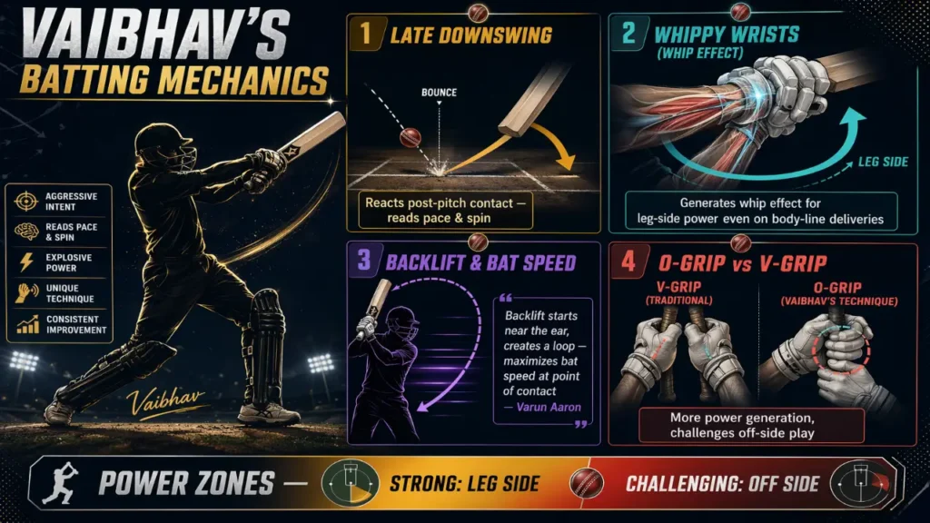 Detailed cricket graphic explaining Vaibhav Suryavanshi’s batting technique, including downswing, wrist action, and grip style.