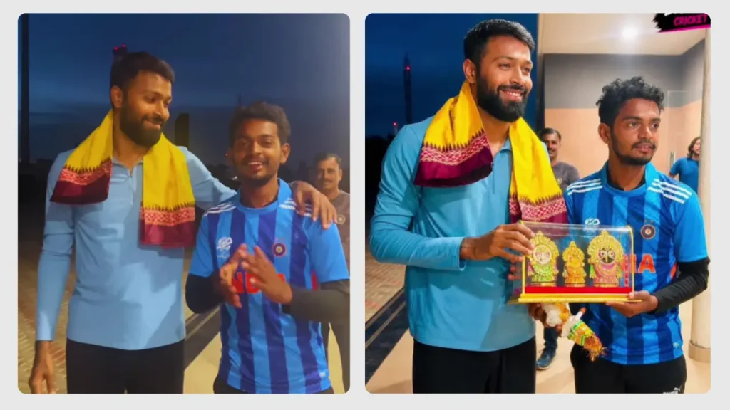 हार्दिक पांड्या प्रशंसक दीपक कुमार से मुलाकात करते हुए, स्मृति-चिह्न स्वीकार कर तस्वीर खिंचवाते हुए।