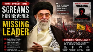 A dramatic illustration depicting Ayatollah Ali Khamenei during Iran's state funeral, highlighting the massive mourning crowds, calls for revenge, and the ongoing mystery surrounding the absence of Supreme Leader Mojtaba Khamenei.