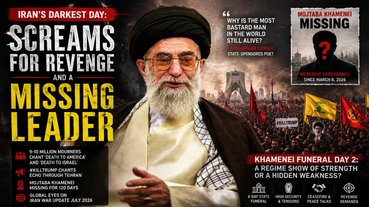 A dramatic illustration depicting Ayatollah Ali Khamenei during Iran's state funeral, highlighting the massive mourning crowds, calls for revenge, and the ongoing mystery surrounding the absence of Supreme Leader Mojtaba Khamenei.