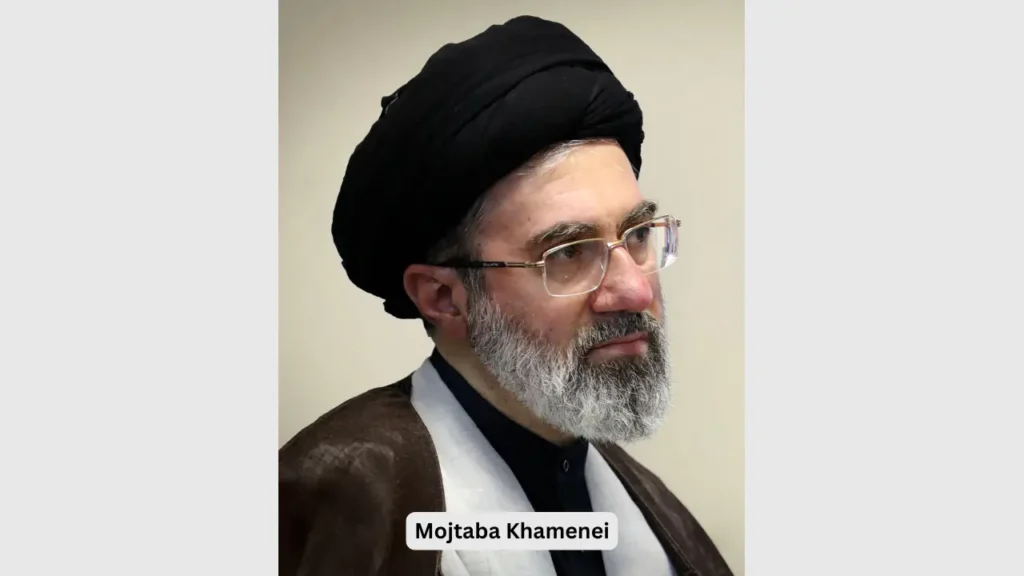 Portrait of Mojtaba Khamenei amid speculation over his absence during Iran's leadership transition.